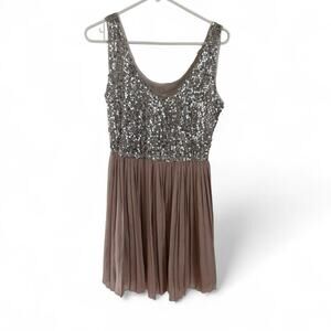 BB Dakota Nude Taupe Silver Sequin Dress Y2K HoCo Graduation Satin Babydoll S